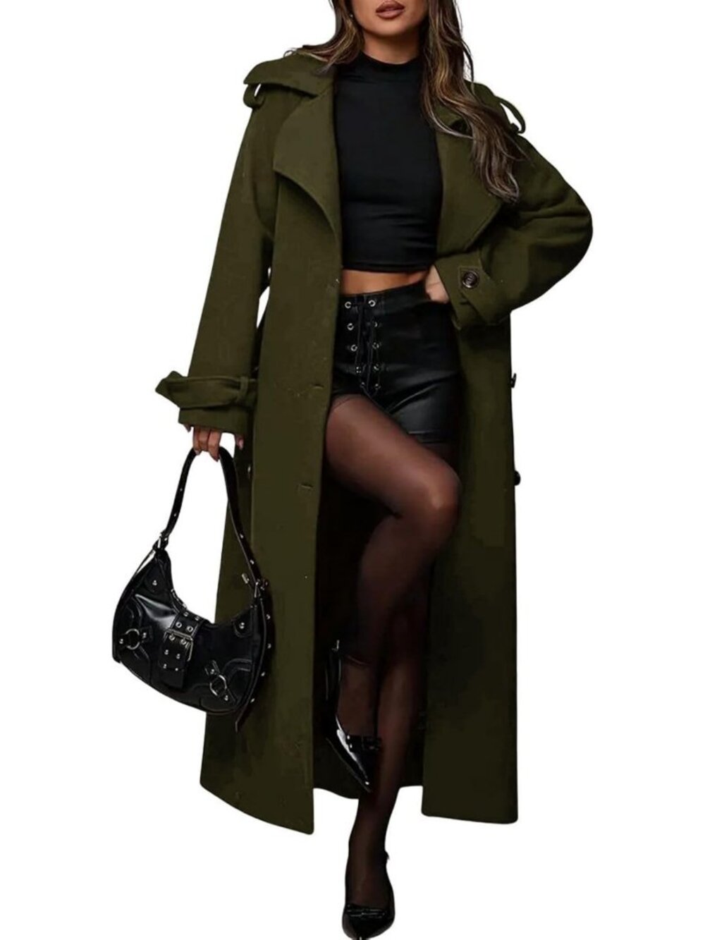 Chic Women's Winter Double Breasted Midi Wool Coat with Belt - Business Casual